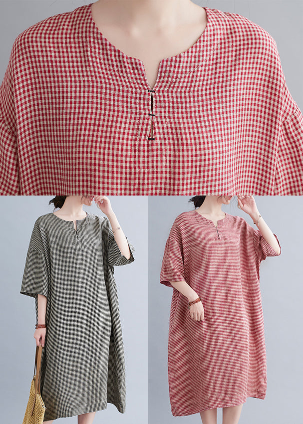 Chic Red Oversized Plaid Linen A Line Dresses Summer