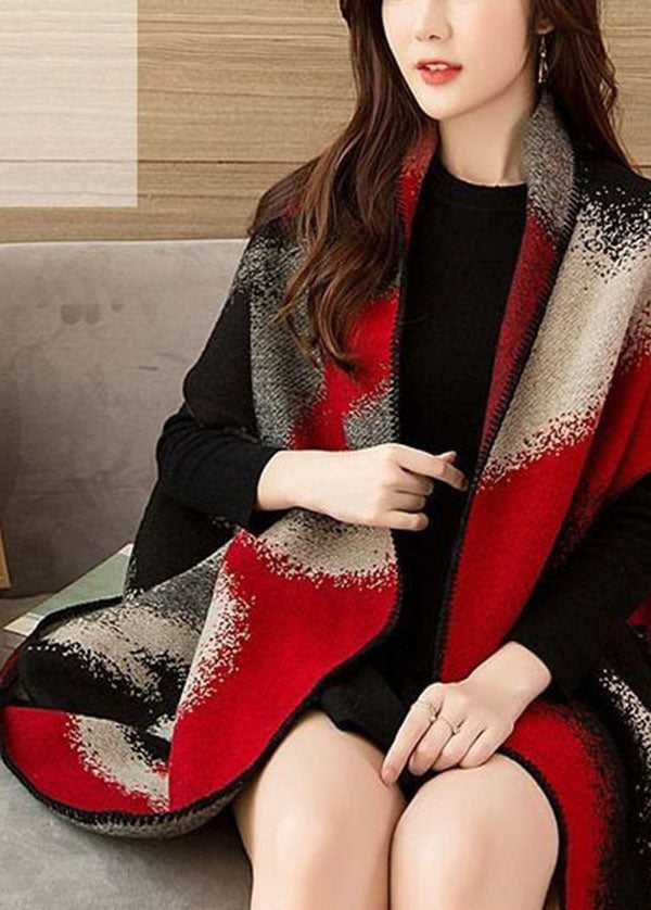 Chic Red Oversized Print Warm Wool Knit Cloak Spring