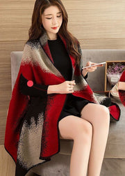 Chic Red Oversized Print Warm Wool Knit Cloak Spring