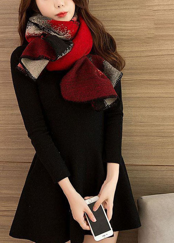 Chic Red Oversized Print Warm Wool Knit Cloak Spring