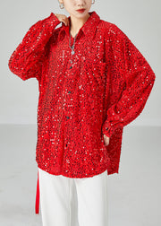 Chic Red Oversized Sequins Silk Velour Shirt Tops Spring