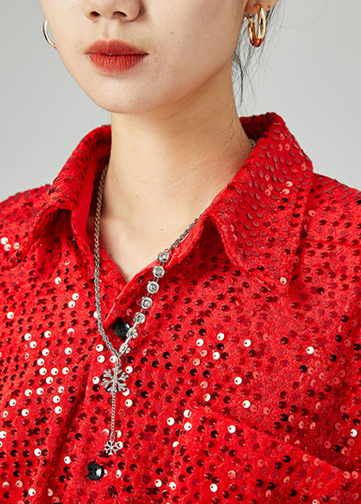 Chic Red Oversized Sequins Silk Velour Shirt Tops Spring