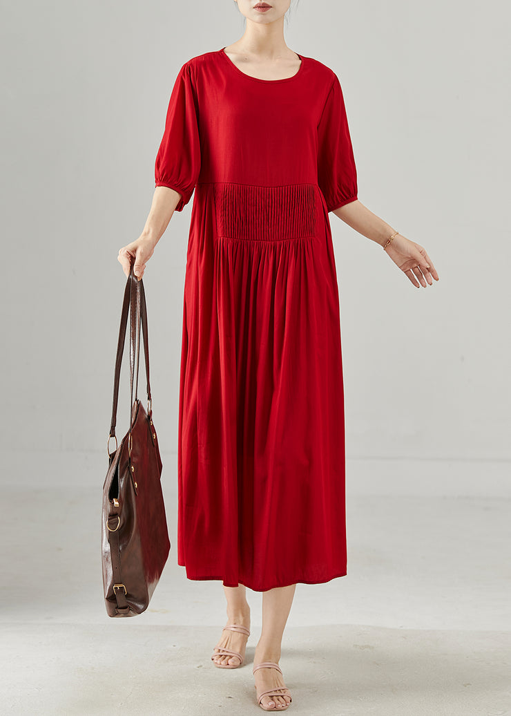 Chic Red Oversized Wrinkled Cotton Dresses Half Sleeve