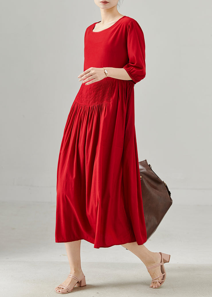 Chic Red Oversized Wrinkled Cotton Dresses Half Sleeve