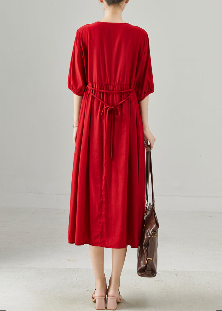 Chic Red Oversized Wrinkled Cotton Dresses Half Sleeve