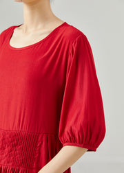 Chic Red Oversized Wrinkled Cotton Dresses Half Sleeve