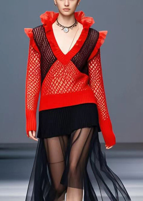 Chic Red Patchwork Tulle Long Knit Dress Ruffled Fall