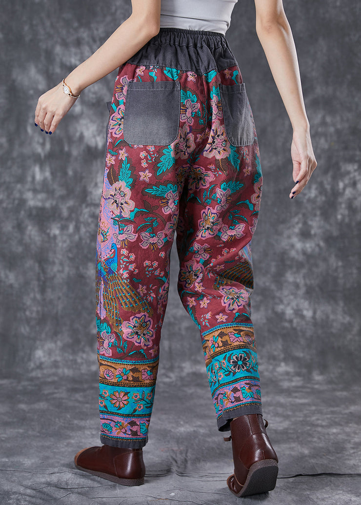 Chic Red Print Elastic Waist Patchwork Pockets Cotton Harem Pants Fall