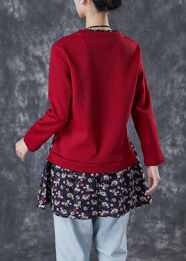 Chic Red Print Patchwork Warm Fleece Blouses Winter