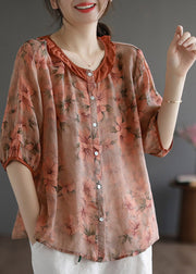 Chic Red Ruffled Print Linen Shirt Half Sleeve