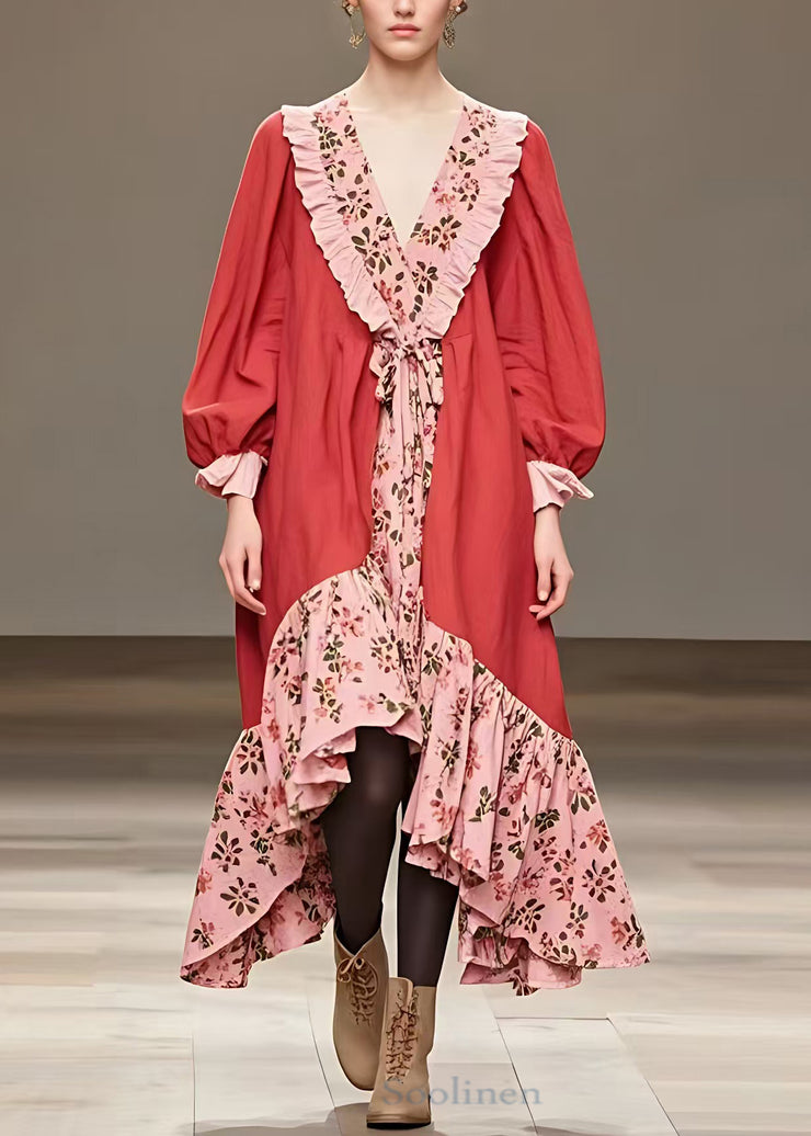 Chic Red Ruffled Print Patchwork Cotton Long Dress Fall