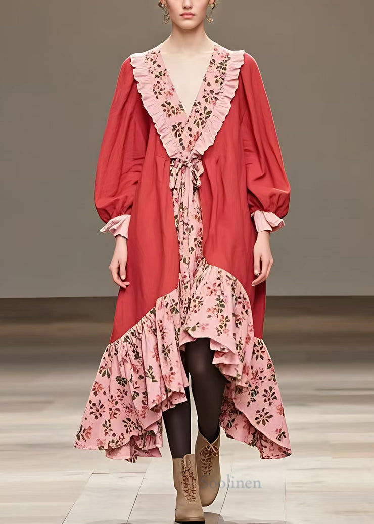 Chic Red Ruffled Print Patchwork Cotton Long Dress Fall