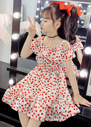 Chic Red Slash NeckPrint Ruffled Patchwork Chiffon Girls Long Dress