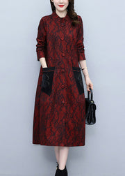 Chic Red Stand Collar Print Long Trench Coats Spring