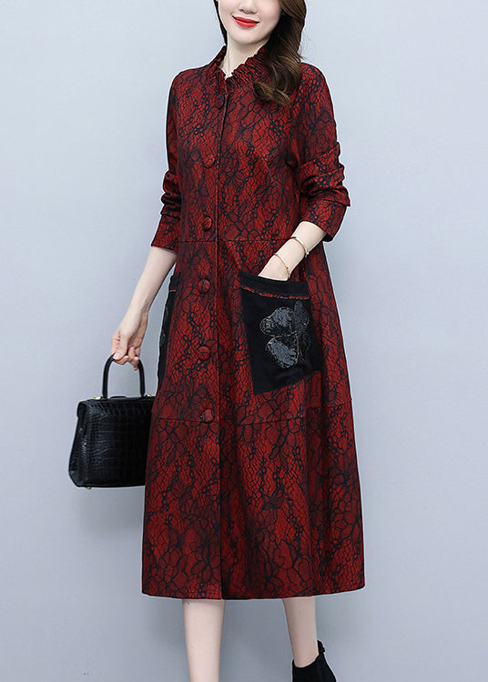 Chic Red Stand Collar Print Long Trench Coats Spring