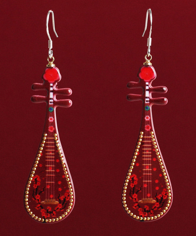 Chic Red Sterling Silver Pipa Drop Earrings