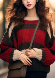 Chic Red Striped Cozy Patchwork Knit Sweater Winter