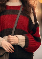 Chic Red Striped Cozy Patchwork Knit Sweater Winter