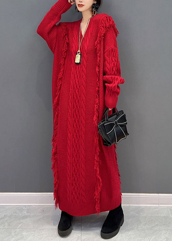 Chic Red V Neck Tassel long Knit Dress Winter