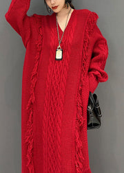 Chic Red V Neck Tassel long Knit Dress Winter