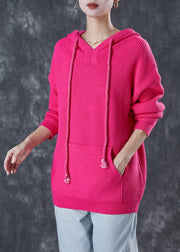 Chic Rose Hooded Drawstring Knit Sweatshirts Top Spring