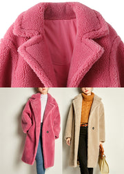 Chic Rose Notched Pockets Cozy Loose Faux Fur Coat Long Sleeve