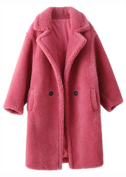 Chic Rose Notched Pockets Cozy Loose Faux Fur Coat Long Sleeve