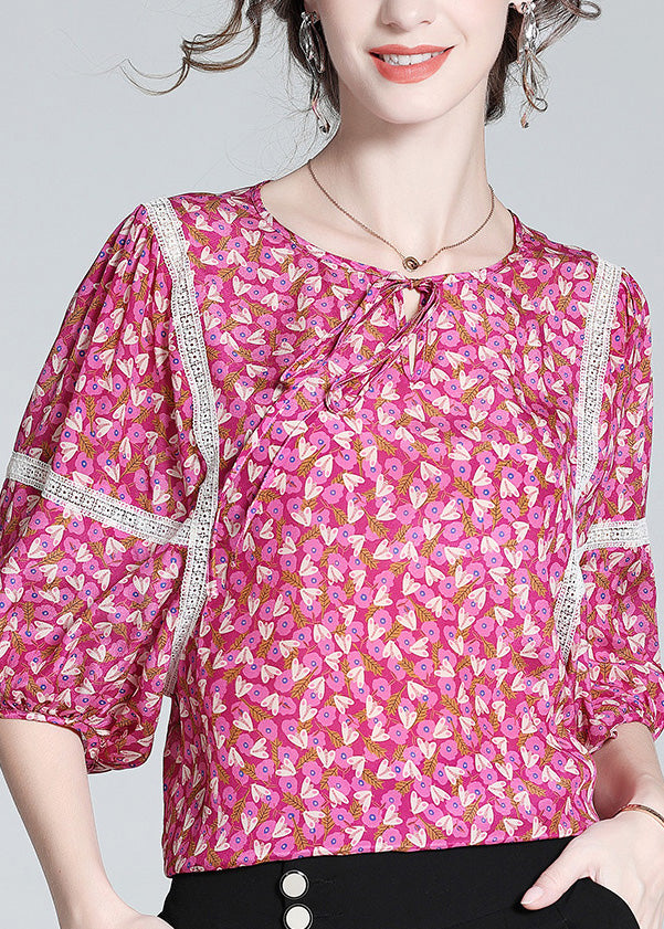 Chic Rose O-Neck Print Neck Tie Silk Tops Short Sleeve