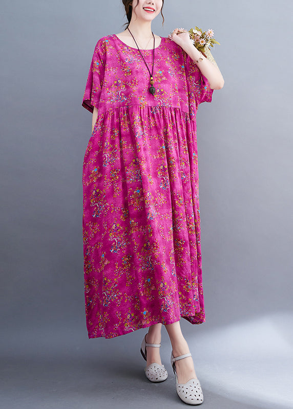 Chic Rose Print Patchwork Long Dresses Short Sleeve