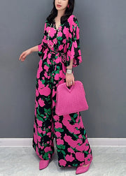 Chic Rose V Neck Print Chiffon Overalls Jumpsuit Summer