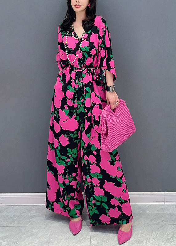 Chic Rose V Neck Print Chiffon Overalls Jumpsuit Summer