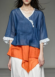 Chic Ruffled Asymmetrical Design Patchwork Cotton Top Summer