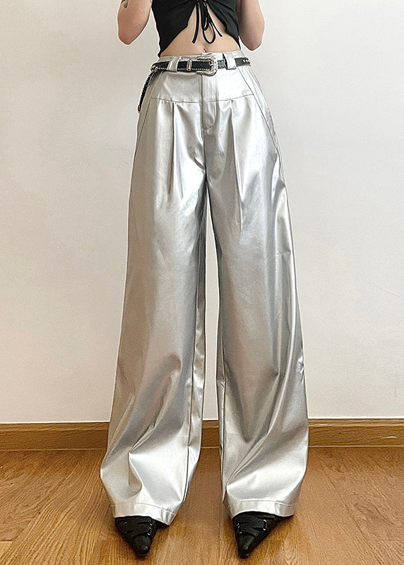 Chic Silver Pockets High Waist Wide Leg Pants Summer