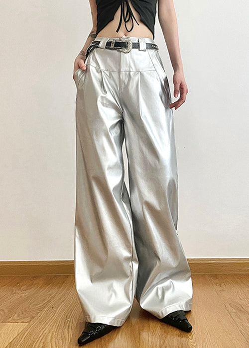 Chic Silver Pockets High Waist Wide Leg Pants Summer