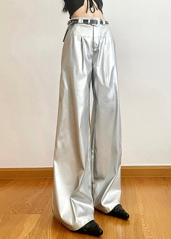 Chic Silver Pockets High Waist Wide Leg Pants Summer