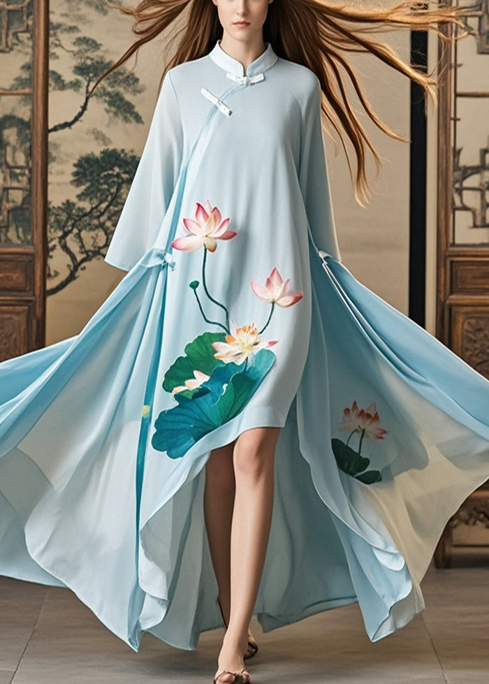 Chic Sky Blue Asymmetrical Lotus Print Chiffon Oriental Dress Fall