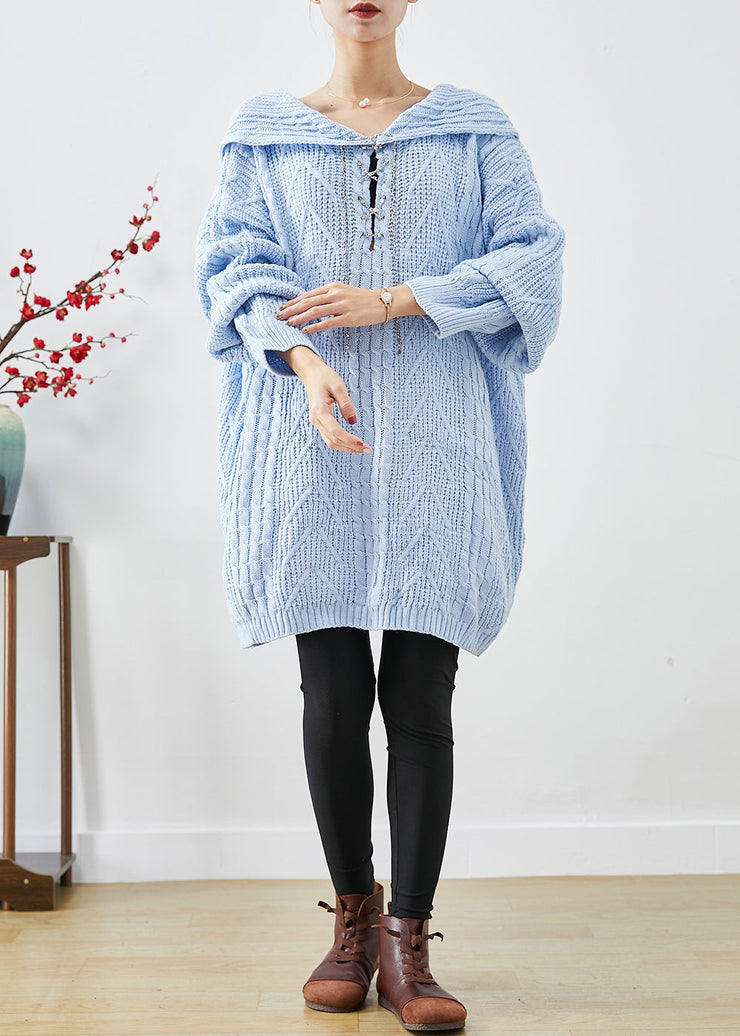 Chic Sky Blue Hooded Oversized Knit Sweater Dress Fall