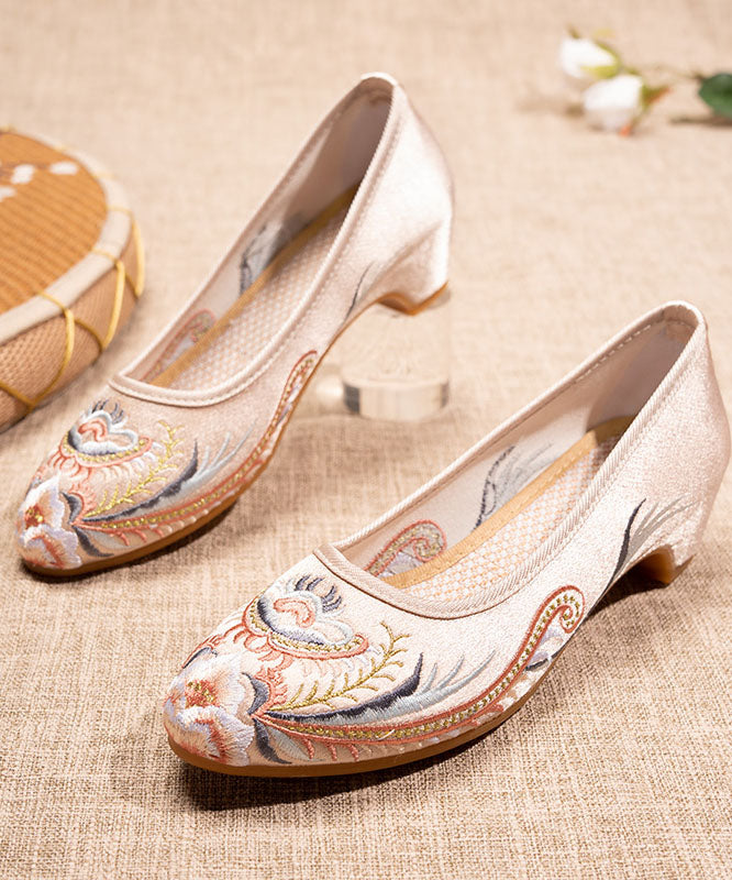 Chic Splicing Pointed Toe Chunky Beige Satin Embroideried