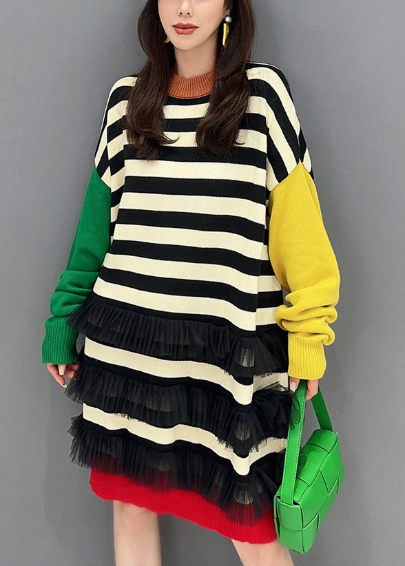 Chic Striped O Neck Tulle Patchwork Cotton Knit Mid Dress Fall