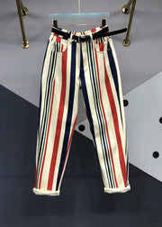 Chic Striped Pockets Patchwork High Waist Denim Pants Fall