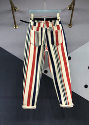 Chic Striped Pockets Patchwork High Waist Denim Pants Fall