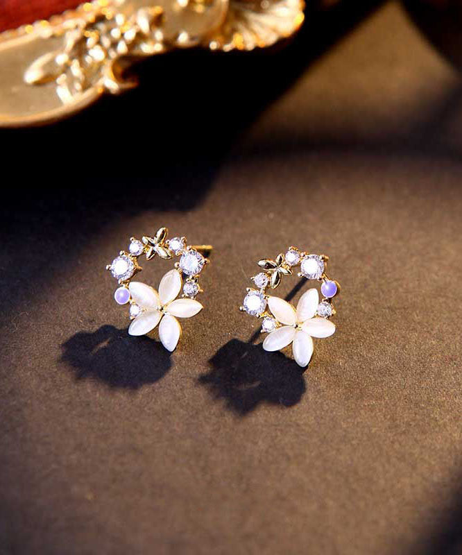 Chic Unique Gold Sterling Silver Alloy Zircon Floral Stud Earrings