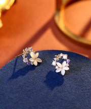 Chic Unique Gold Sterling Silver Alloy Zircon Floral Stud Earrings