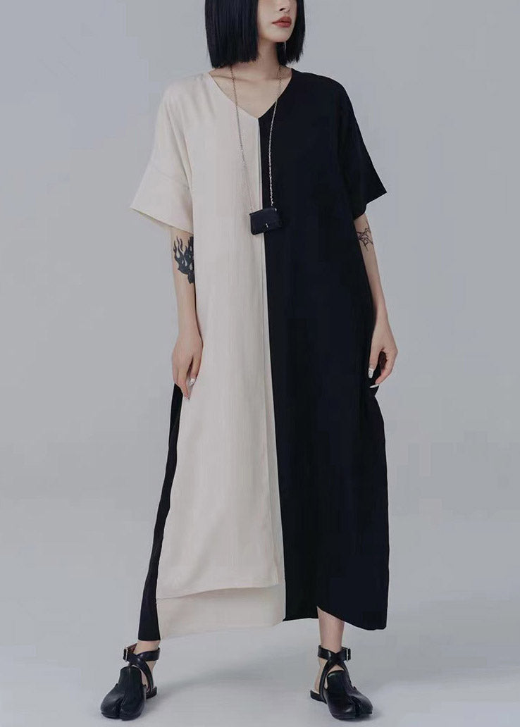 Chic V Neck Asymmetrical Patchwork Tie Waist Long Dresses Summer