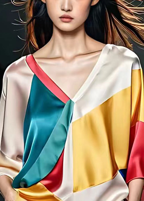 Chic V Neck Patchwork Silk Tops Bracelet Sleeve