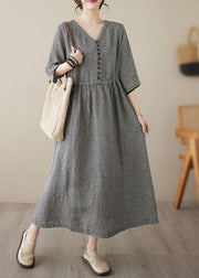 Chic dark blue V Neck Plaid Patchwork Button Linen Maxi Dresses Summer