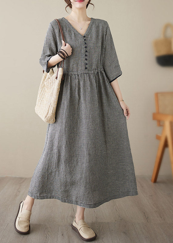 Chic V Neck Plaid Patchwork Button Linen Maxi Dresses Summer