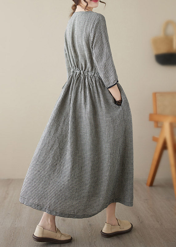 Chic V Neck Plaid Patchwork Button Linen Maxi Dresses Summer