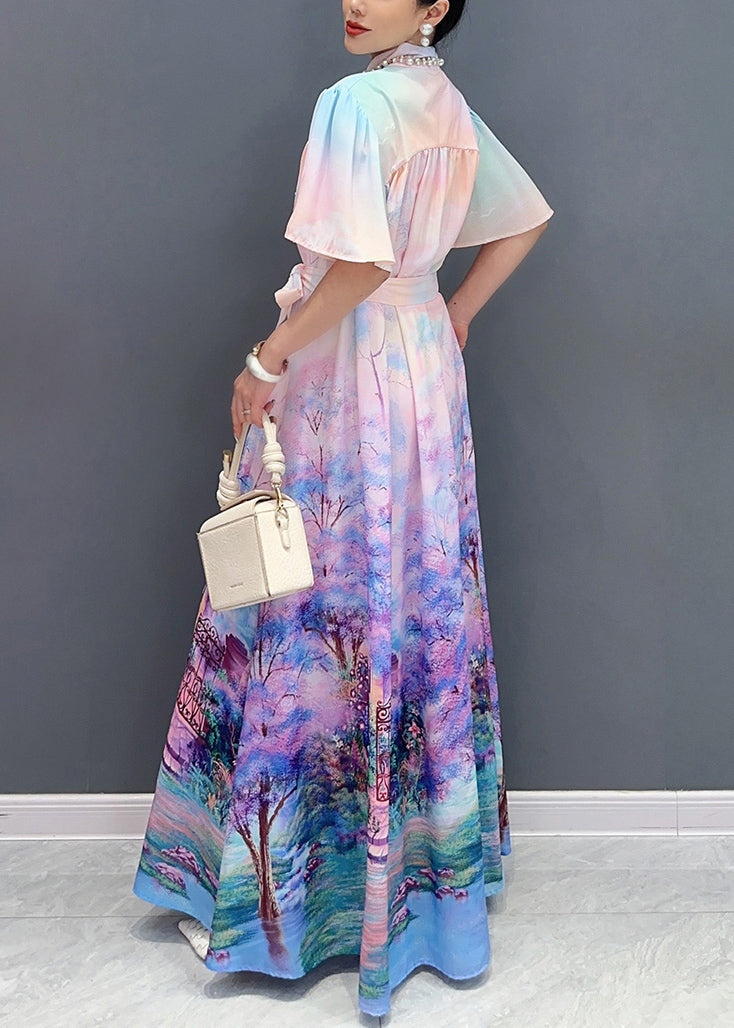 Chic Violet Print Tie Waist Cotton Shirts Long Dresses Summer