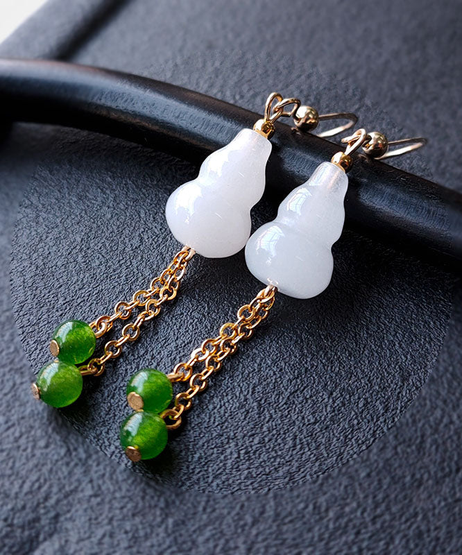 Chic White 14K Gold Jade Gourd Gem Stone Tassel Drop Earrings